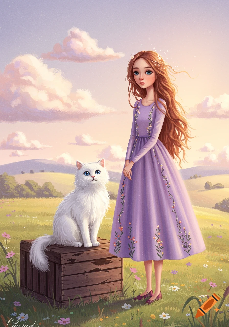 Illustration of a girl and a white cat sitting on a box in a sunny ...