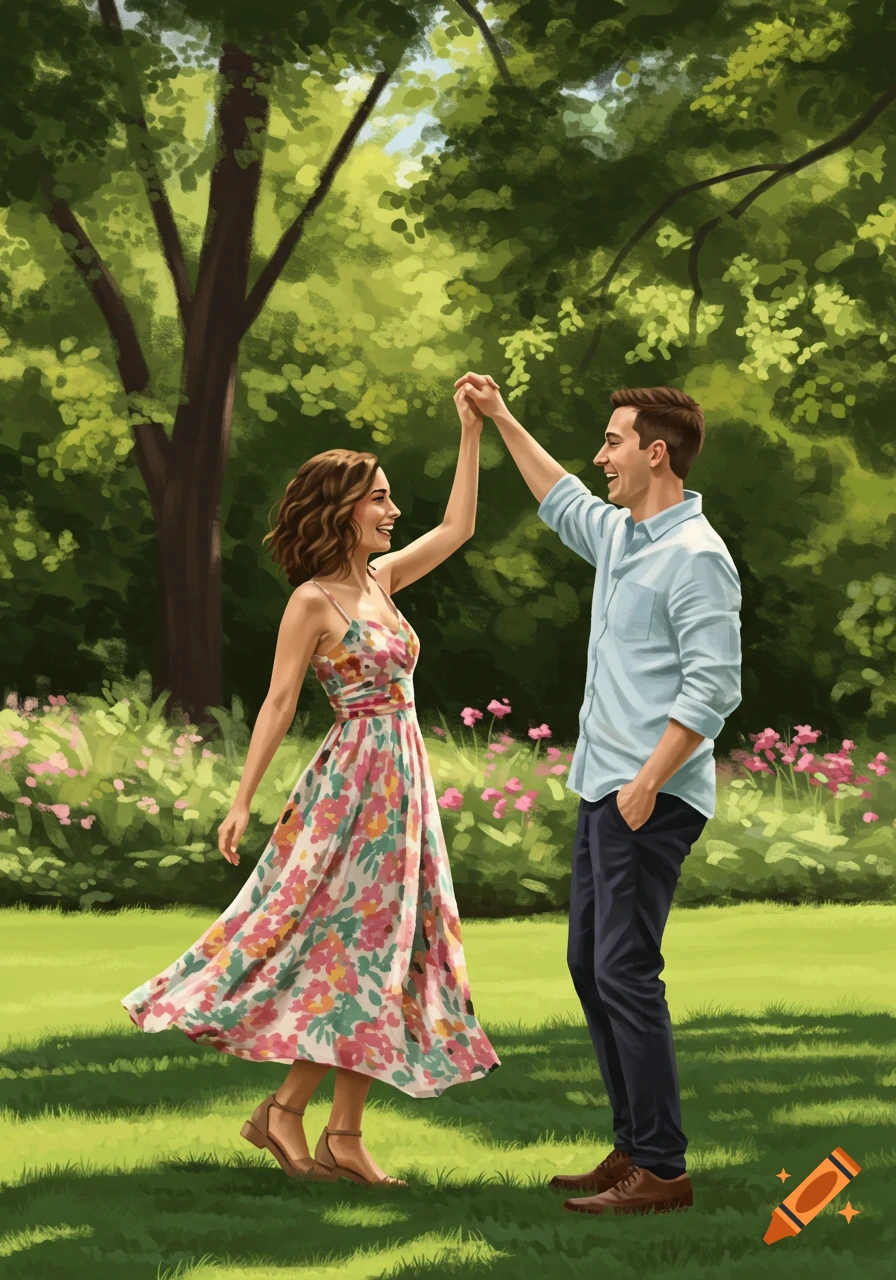 Painting of a couple dancing in a park.
