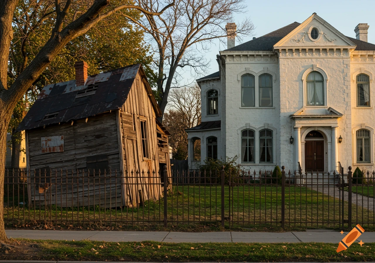 A run-down wooden shack sits next to a large white mansion, photorealistic.