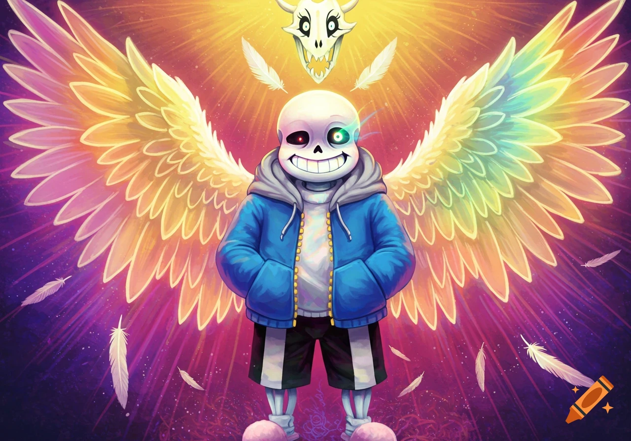 Digital illustration of Sans from Undertale with large rainbow wings and glowing eyes, with a glowing skull above him.