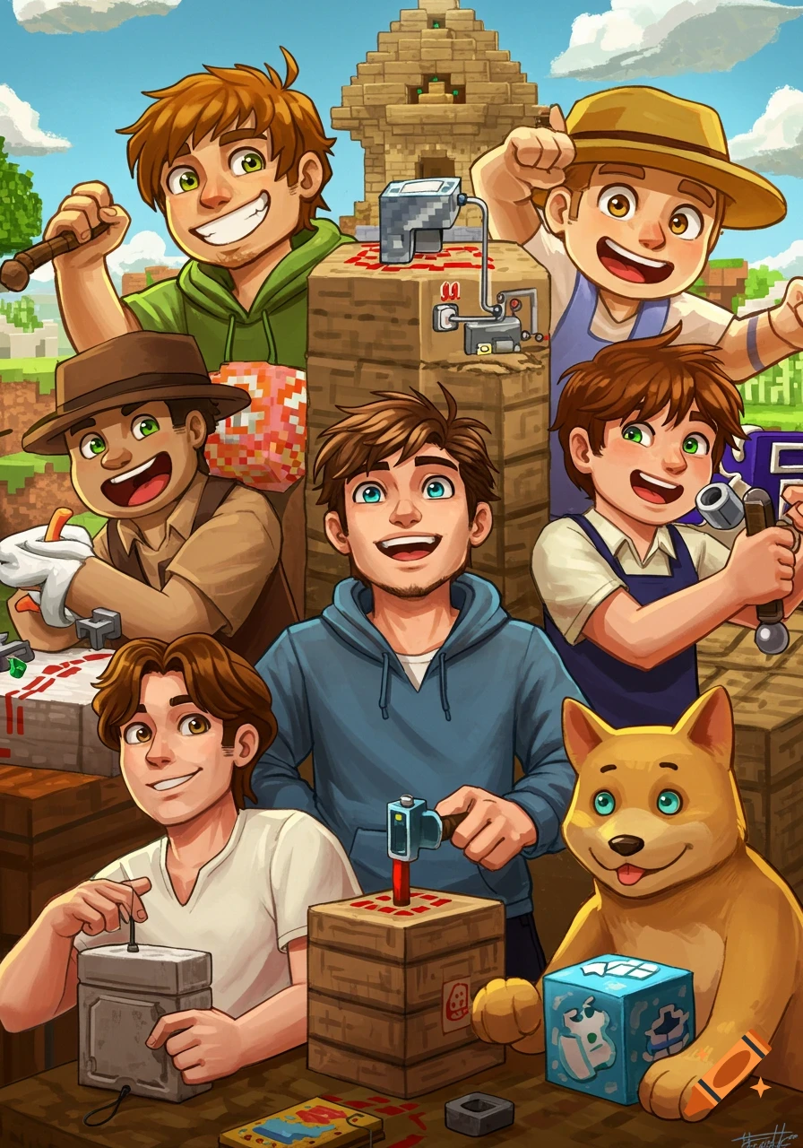 Cartoon illustration of young men and a dog building block structures in a Minecraft style