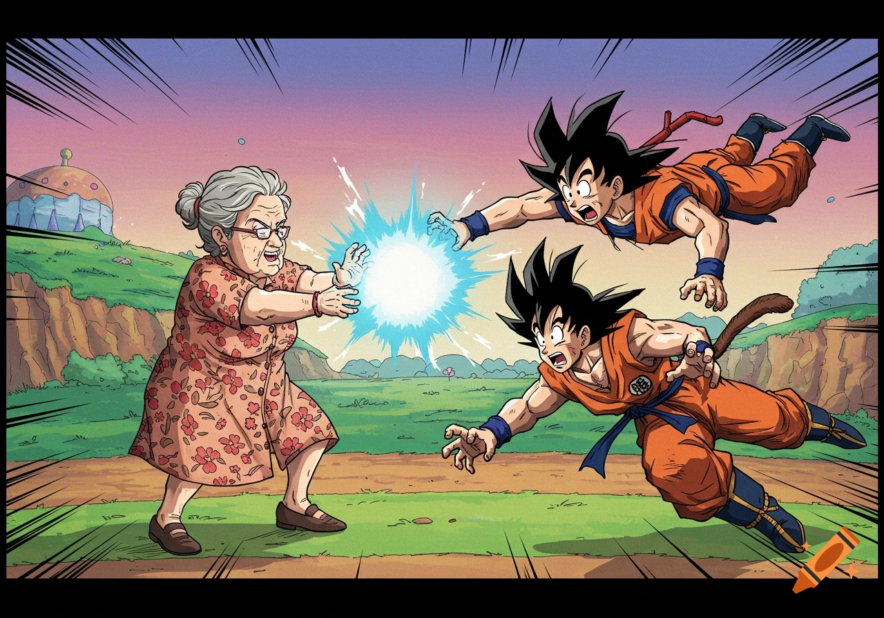 Anime illustration of a grandma firing a ki blast at two lunging Gokus in a rural landscape.