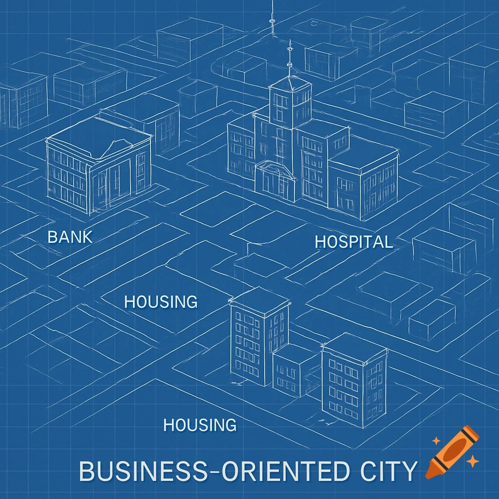 Blueprint style illustration of a city plan with labeled buildings for bank, hospital, and housing.