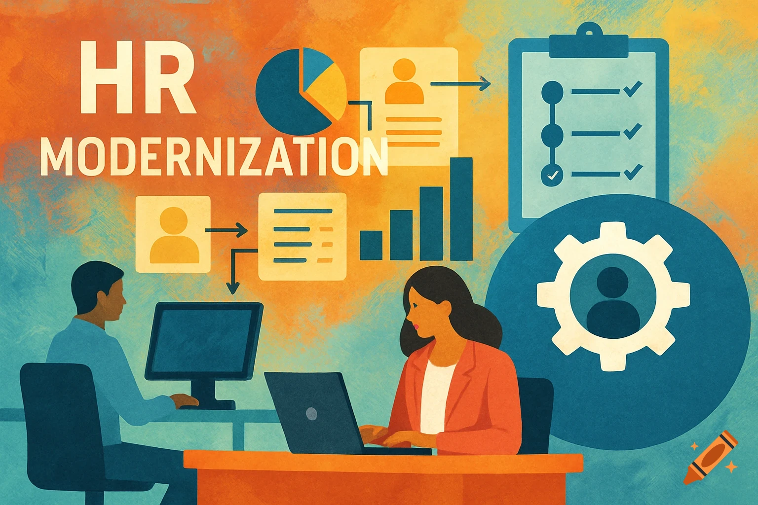 Illustration of HR modernization with people working on computers, charts, and diagrams.