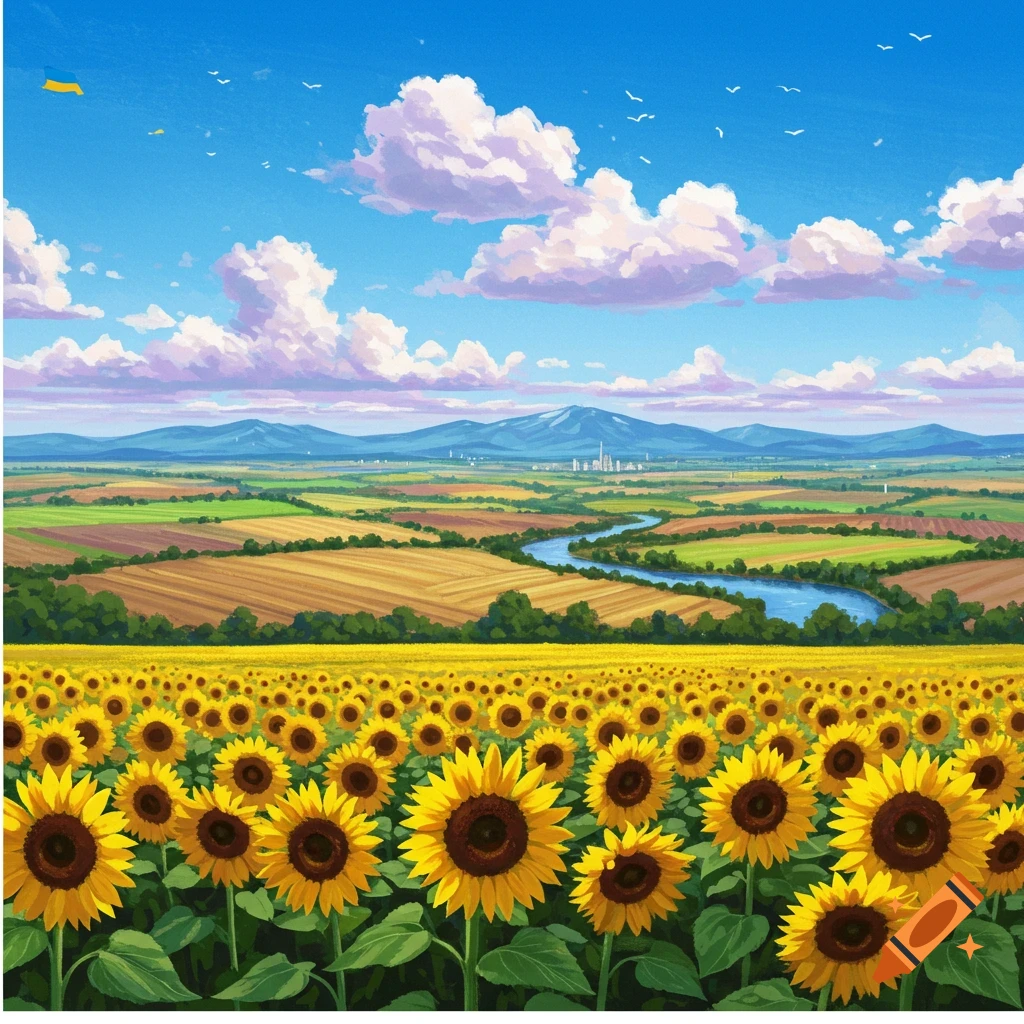 Vibrant illustrated landscape with a field of sunflowers, winding river, mountains, and a blue sky with clouds and a kite.