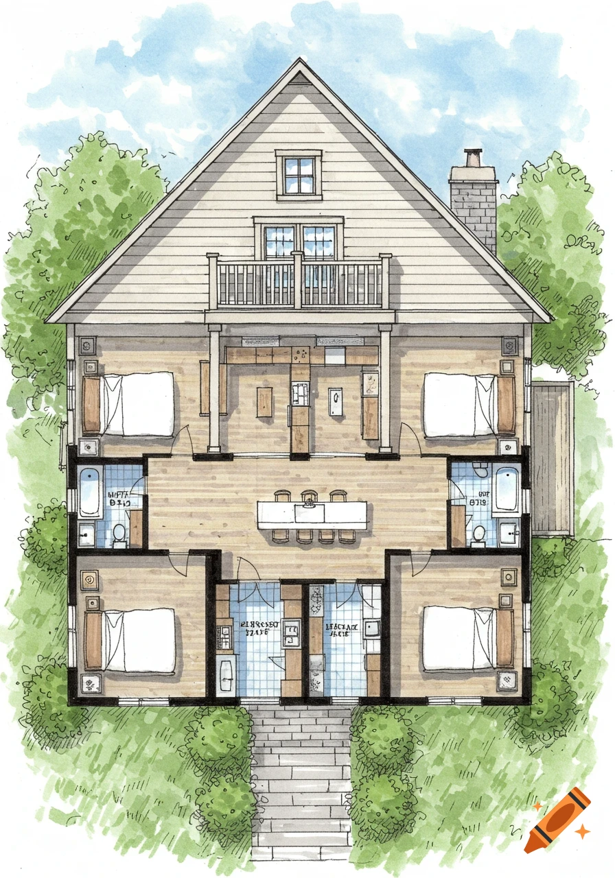 A watercolor sketch of a house floor plan and exterior elevation, showing rooms, furniture layout, and surrounding greenery.