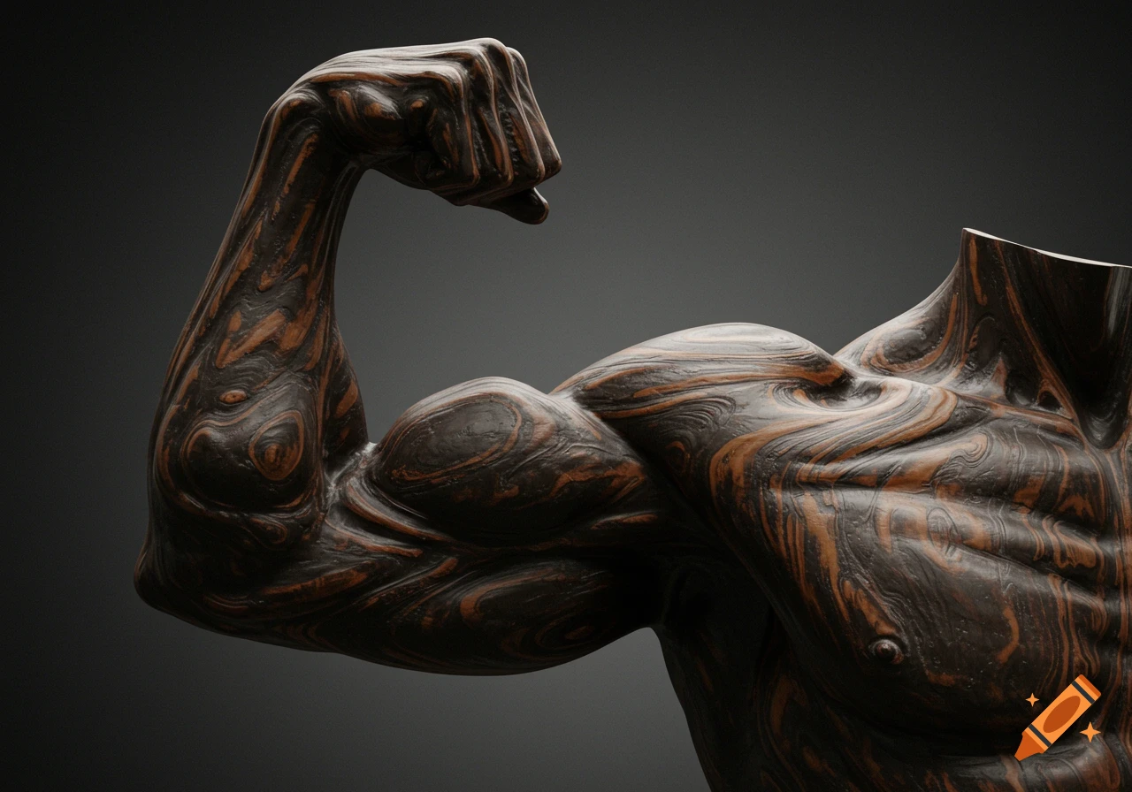 Close-up of a muscular arm and torso rendered as a polished ebony wood carving.