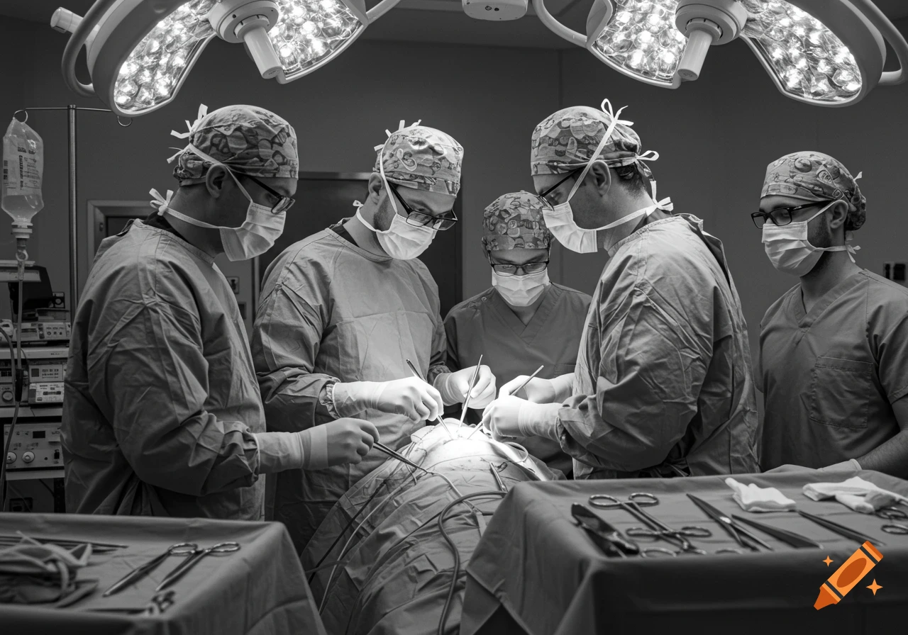 Black and white photo of five surgeons performing a procedure under bright lights.