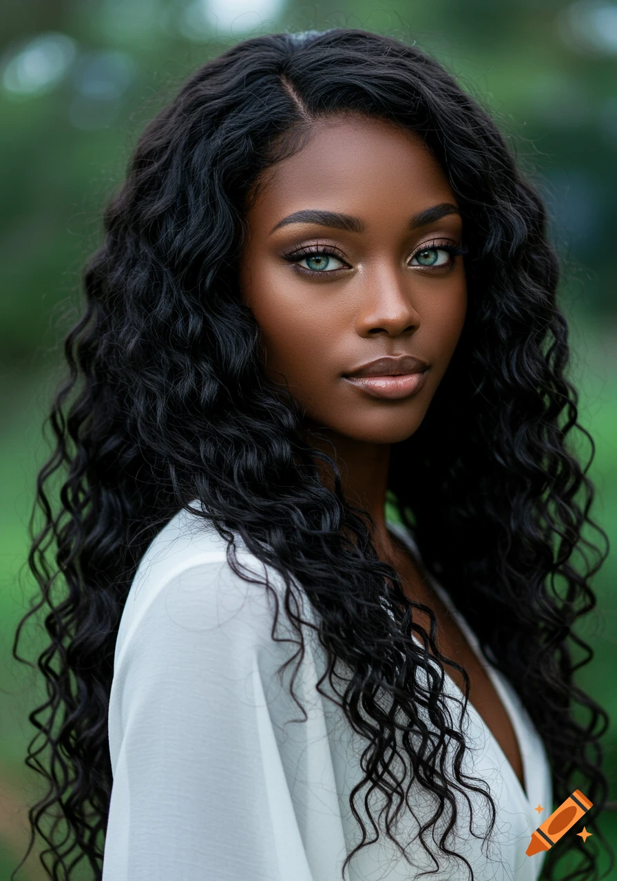 Portrait of a black woman with green eyes and long curly hair