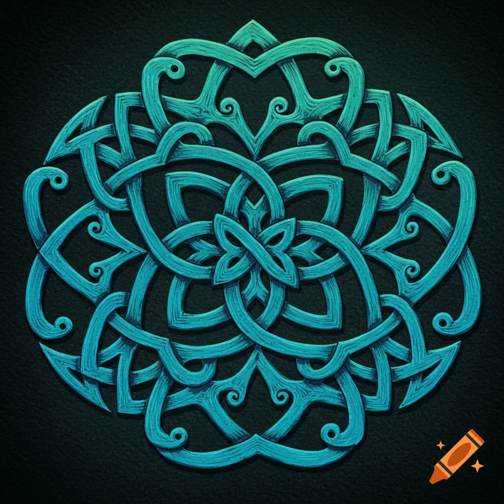 A symmetrical blue and green Celtic knotwork pattern on a dark background.