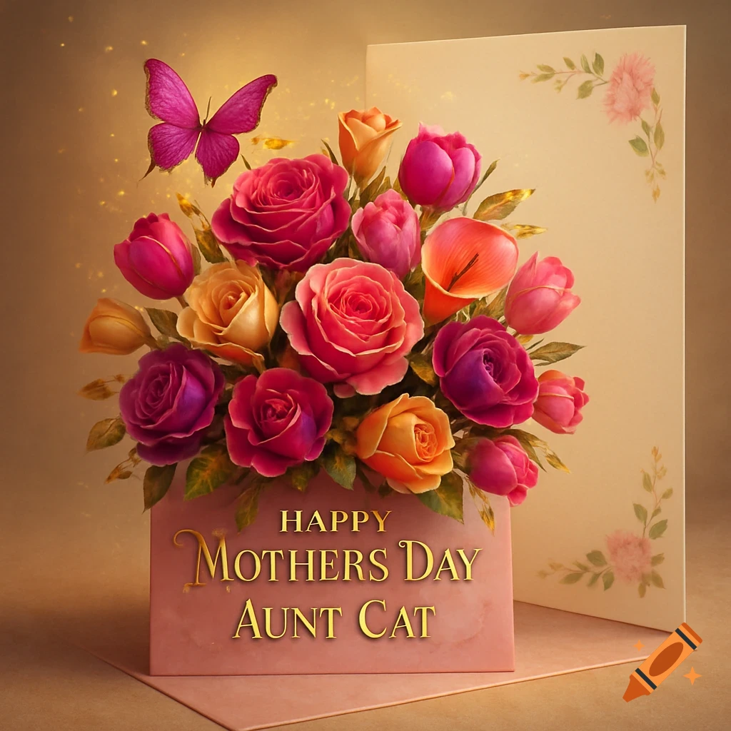 Mother's Day card with roses, tulips, and a butterfly