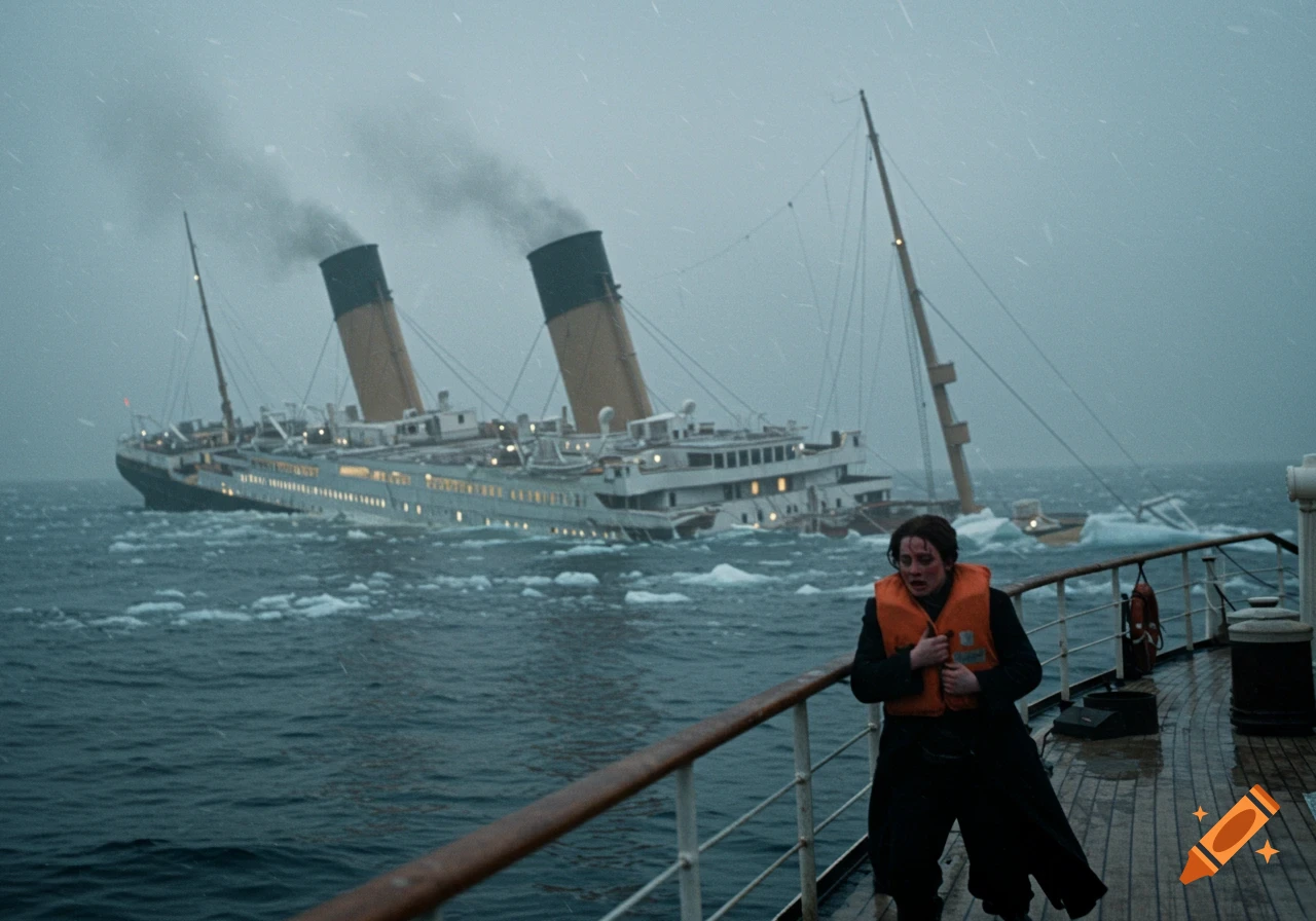 A distressed passenger in a life vest stands on the deck of the sinking Titanic in icy water.