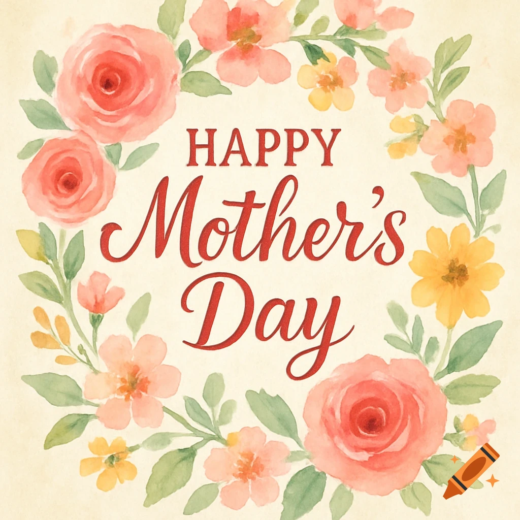 Watercolor wreath with pink and yellow flowers surrounding the text 'HAPPY Mother's Day'