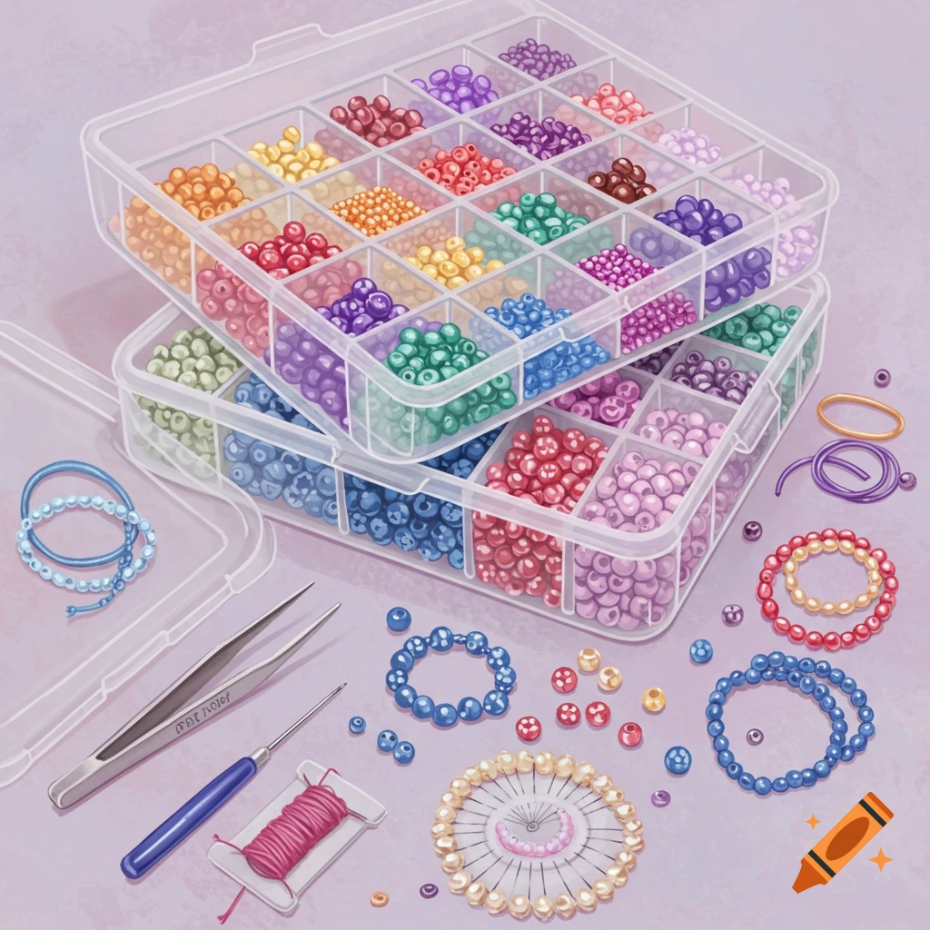 Two clear plastic containers of beads with crafting tools and bracelets scattered around.