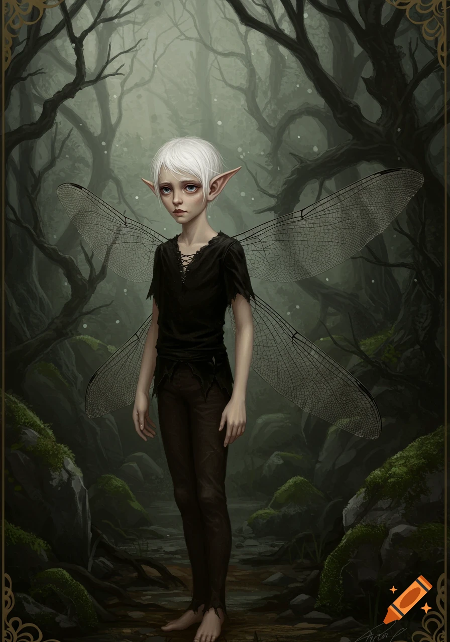 A fairy boy with white hair and dragonfly wings stands in a dark forest ...