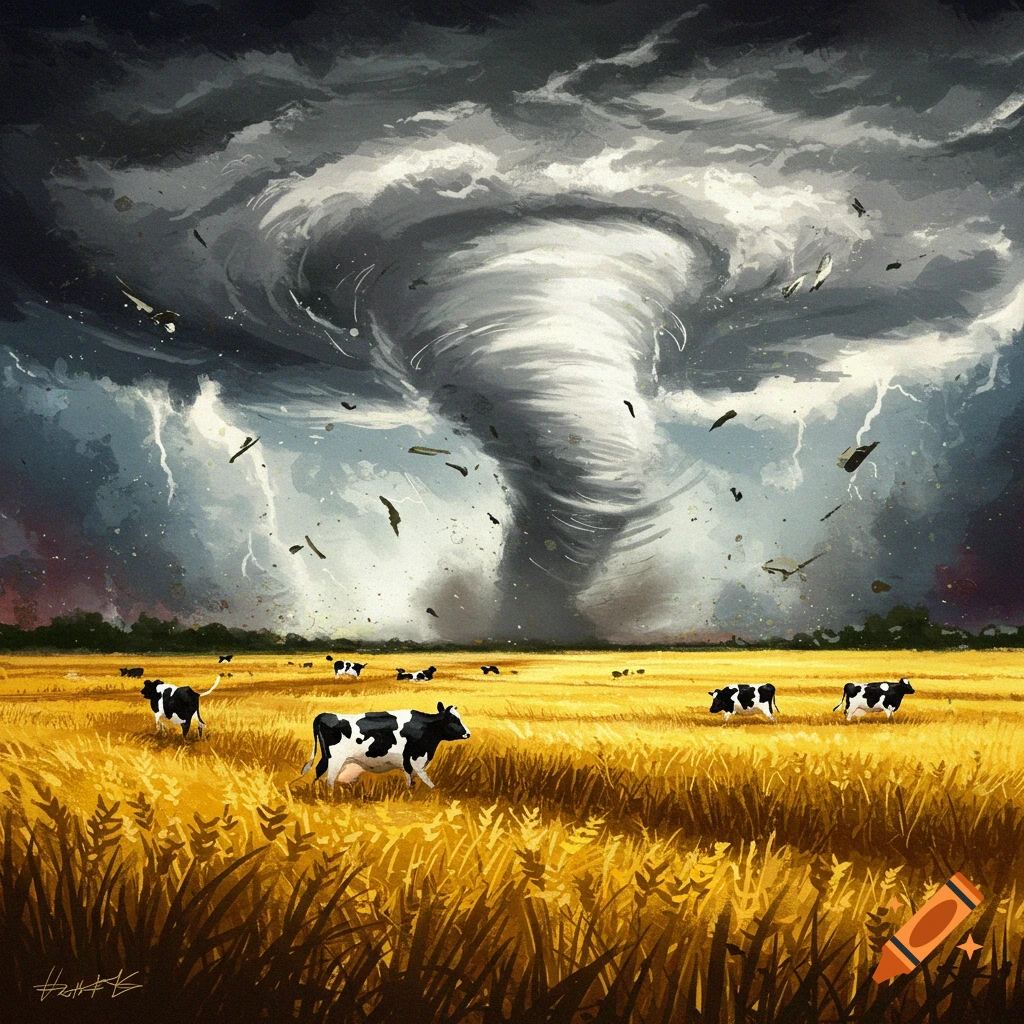 Painterly image of a large tornado over a golden field with cows and lightning.