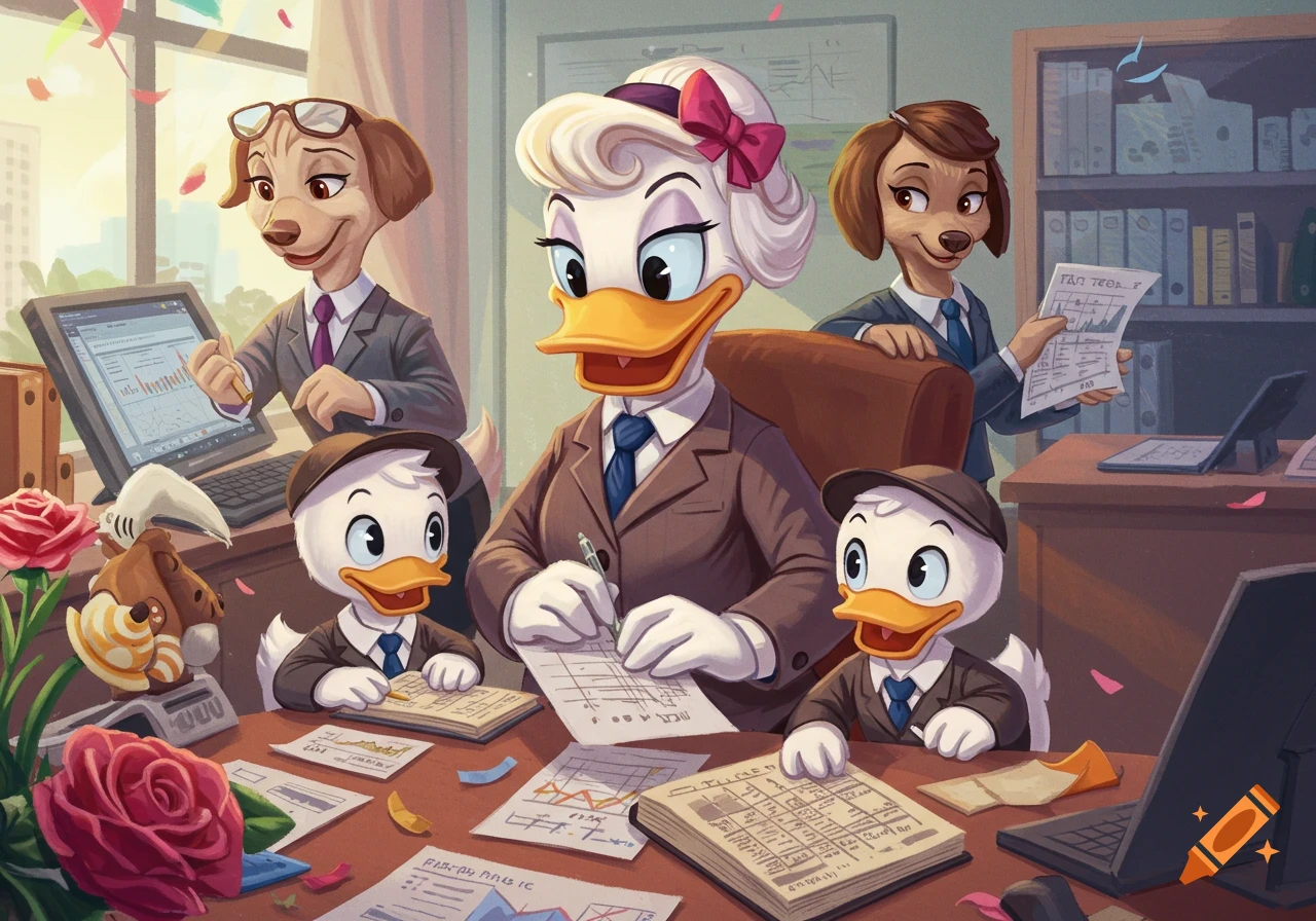 Anthropomorphic animals, including a duck like Daisy Duck and young ducks, working at a desk in an office with dog coworkers. Cartoon style.