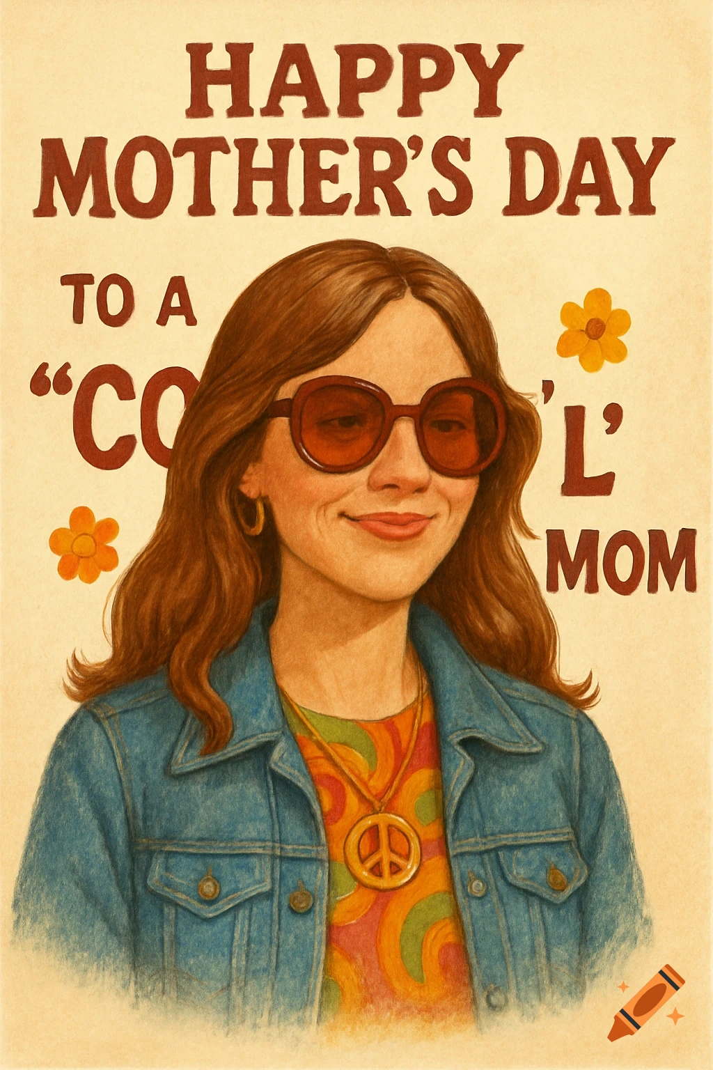 A 1970s style illustration of a woman with glasses, peace sign necklace, and denim jacket, with "HAPPY MOTHER'S DAY TO A 'COOL' MOM" text.