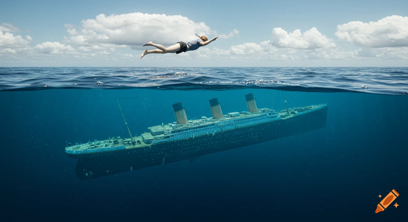 A person swims above the surface, looking down through clear water at the sunken Titanic below.