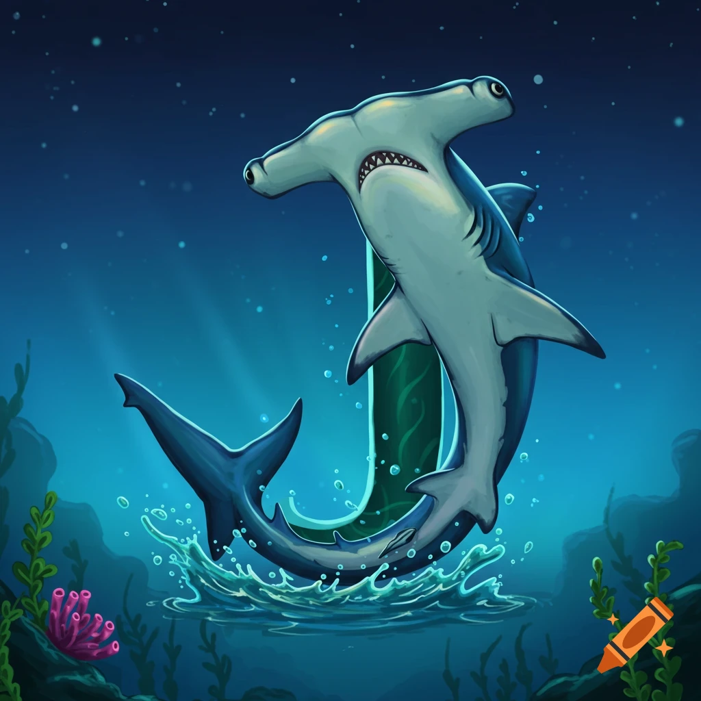 Illustration of a hammerhead shark shaped like the letter J underwater.