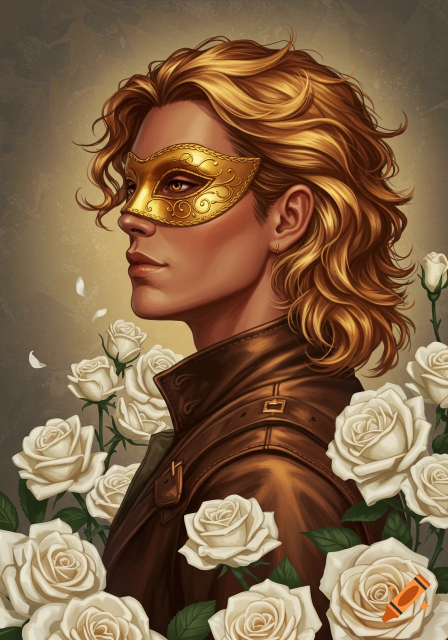 Stylized portrait of person with golden Venetian mask, blonde hair, and brown jacket surrounded by white roses.