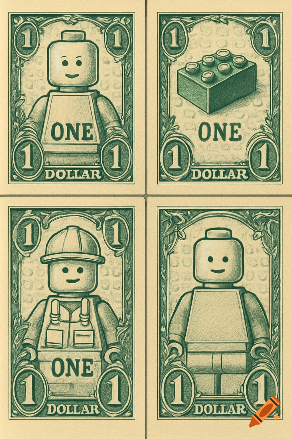 Four panels designed like dollar bills, each featuring a LEGO minifigure or brick in a green sketch style.