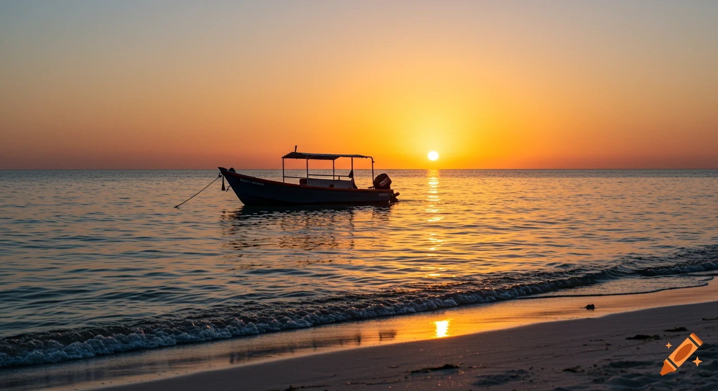 A boat floats on calm water near a sandy beach as the sun sets.