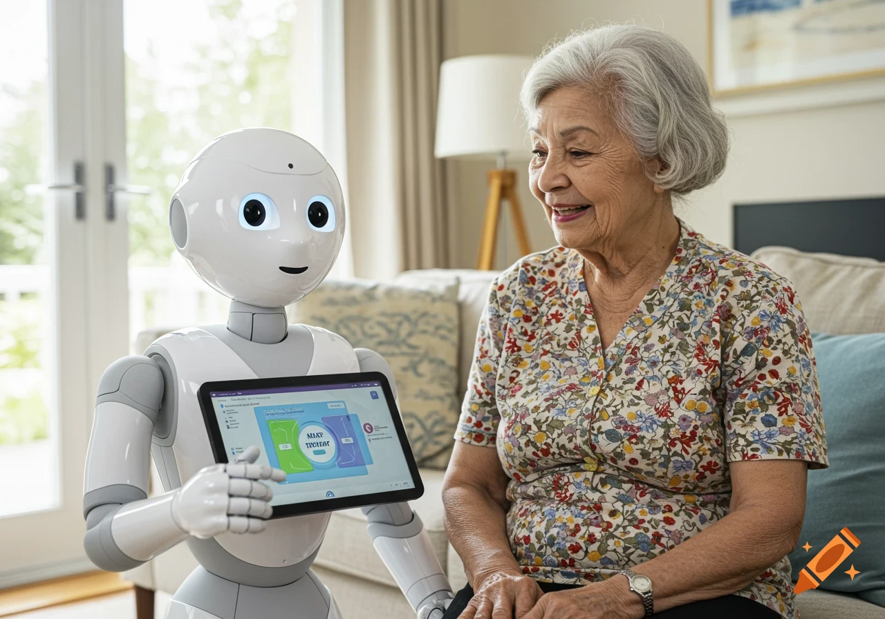 A senior woman smiles while sitting next to a white robot holding a tablet.