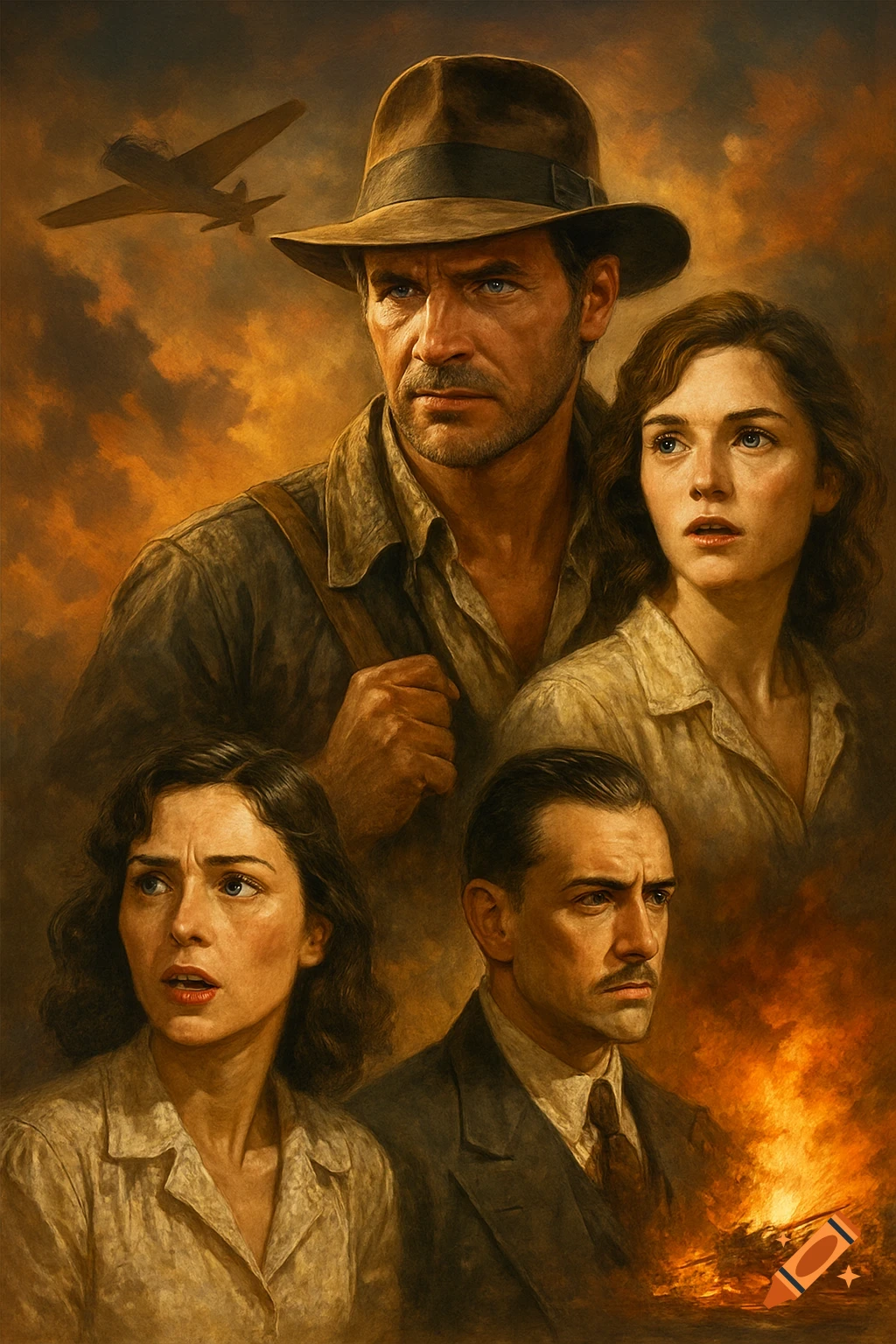Painted portrait of four characters resembling movie actors from an adventure film, with a plane and fire in the background.