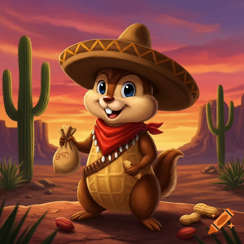 Cartoon chipmunk bandito in desert sunset holding a sack and peanut.