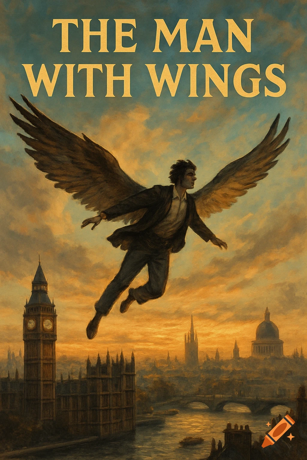 Text reads "THE MAN WITH WINGS". A man with large wings flies over the London skyline at sunset.