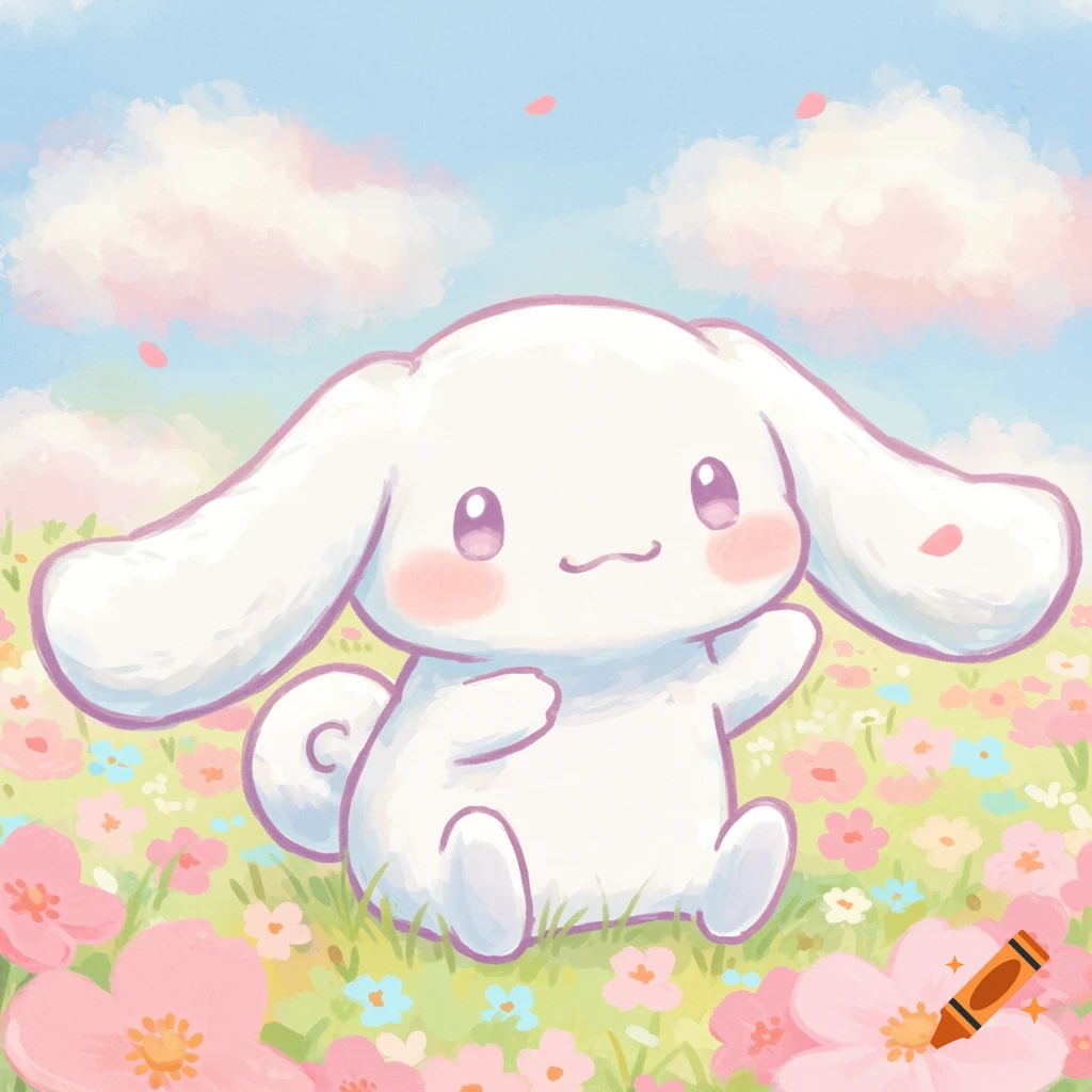 Cinnamoroll character illustration sitting in a field of colorful flowers under a cloudy sky.