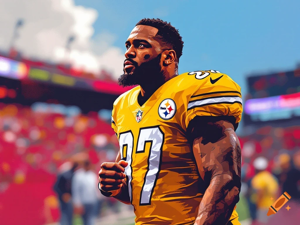 A stylized image of a Black football player in a yellow jersey with the number 97 looking up, with a blurred stadium crowd in the background.