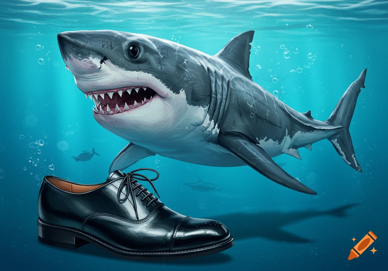 Illustration of a shark underwater next to a black dress shoe.