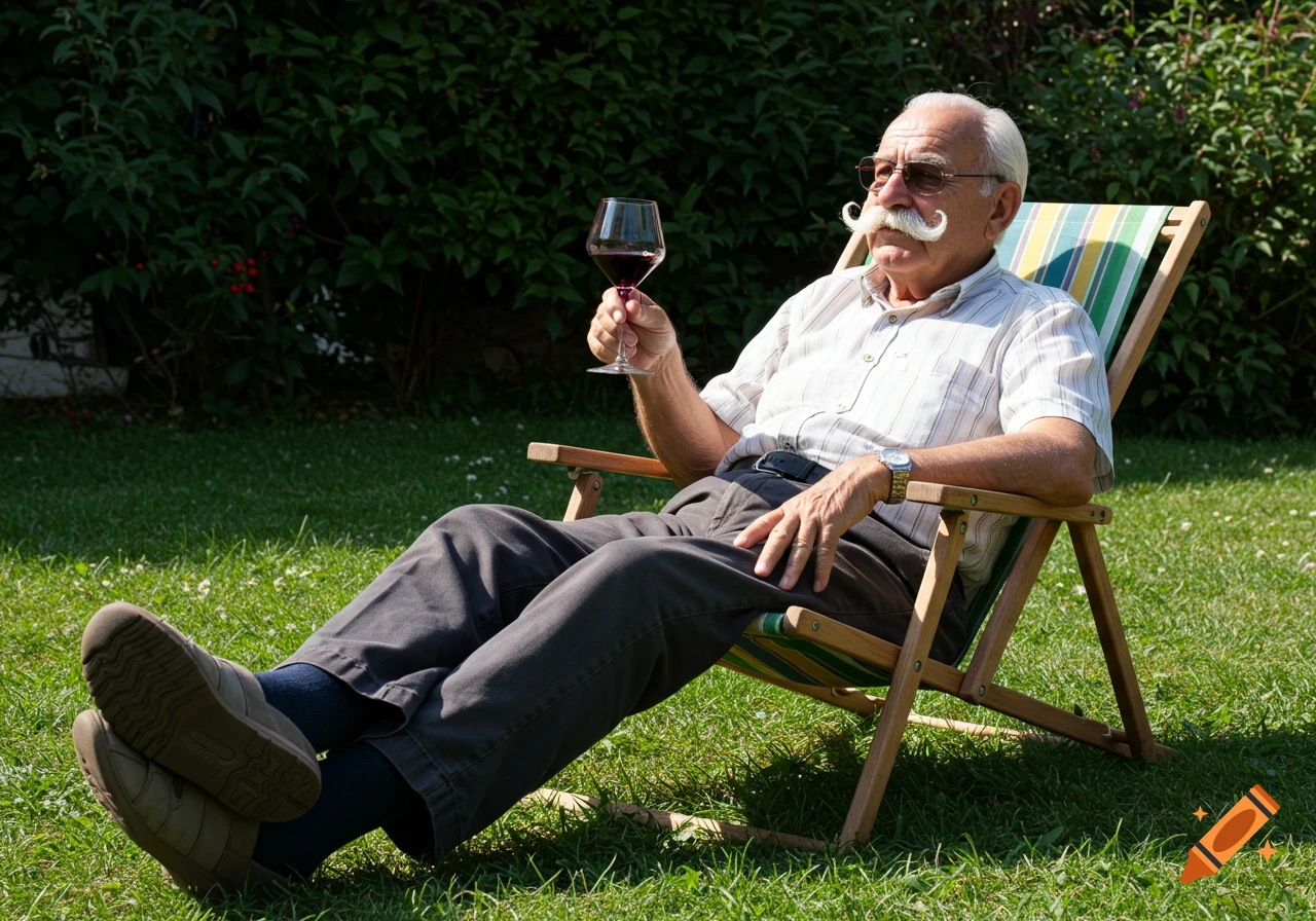 Elderly man with large mustache relaxing in a lawn chair with a glass of red wine in a sunny garden.