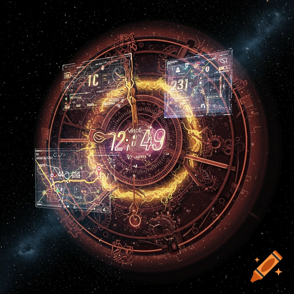 A detailed, futuristic clock with digital displays and glowing elements floats in space.