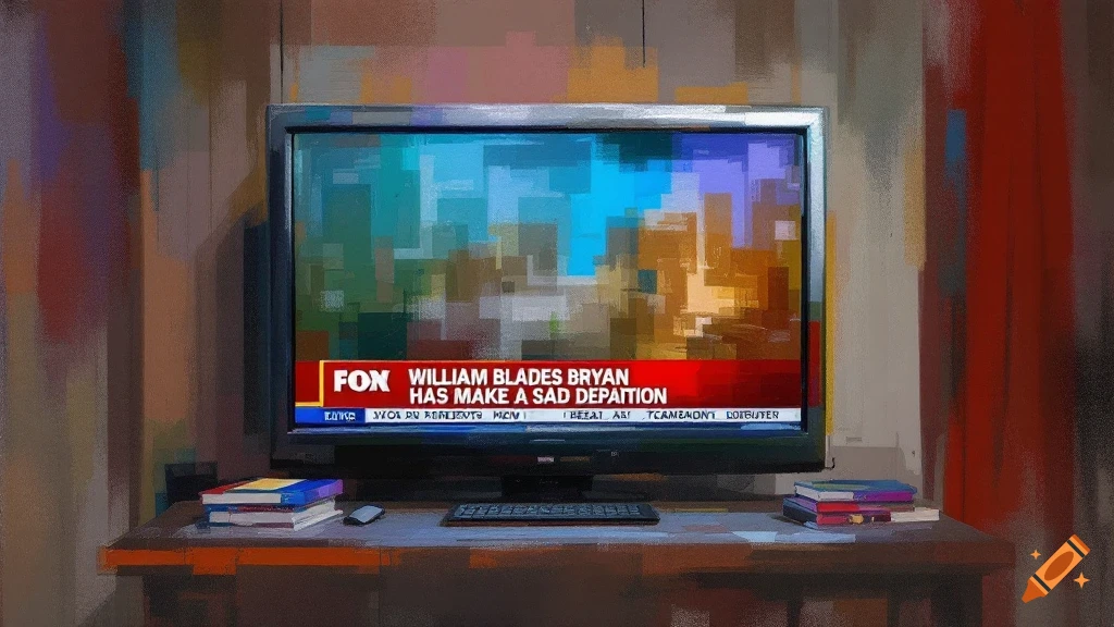 Painterly image of a television displaying breaking news on a desk with books and a keyboard.