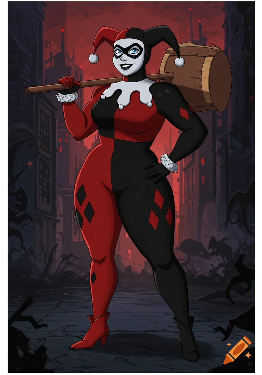 Anime Harley Quinn in red and black costume with mallet in chaotic city.