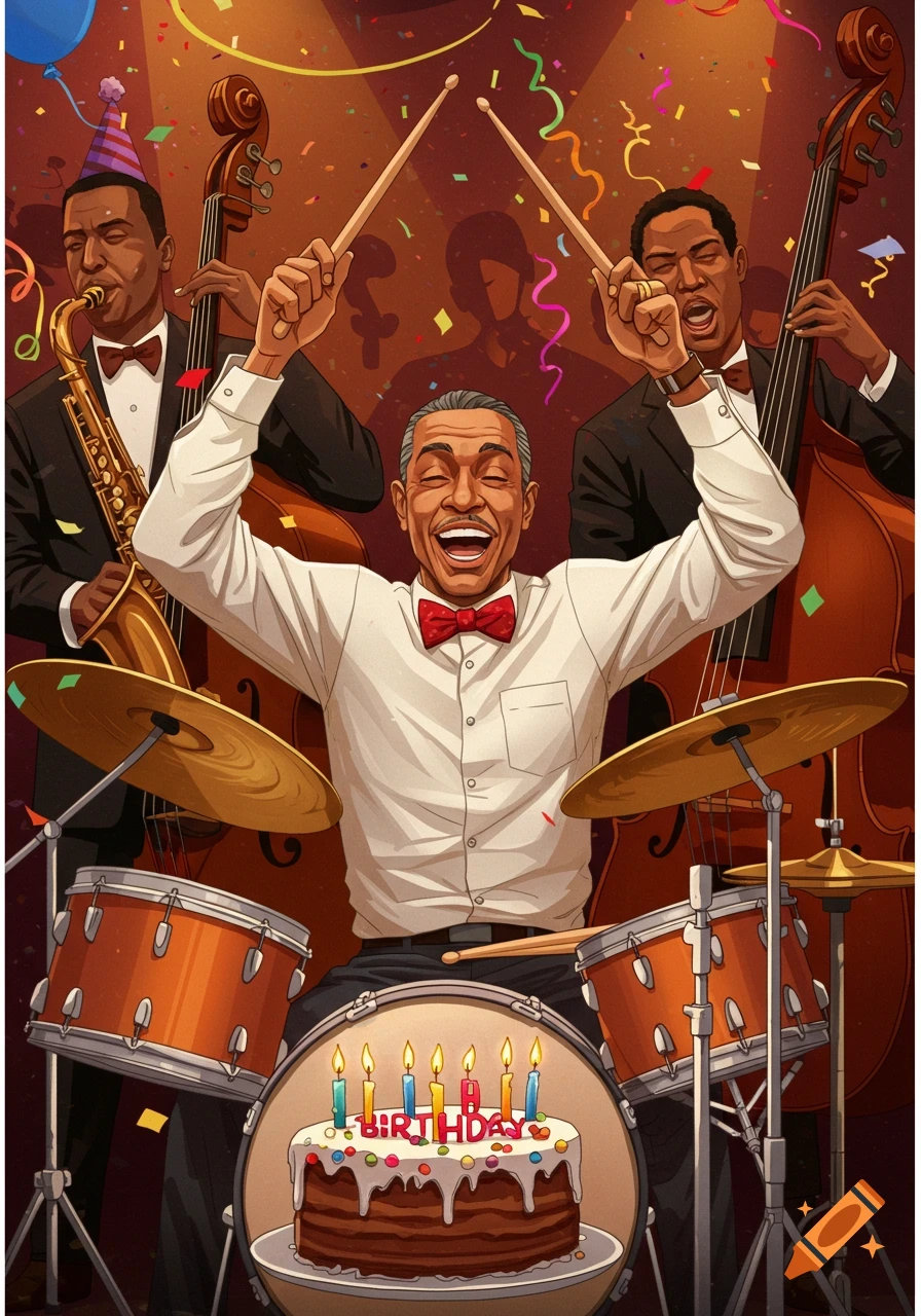 Stylized illustration of a jazz band celebrating the drummer's birthday with a cake on the bass drum.