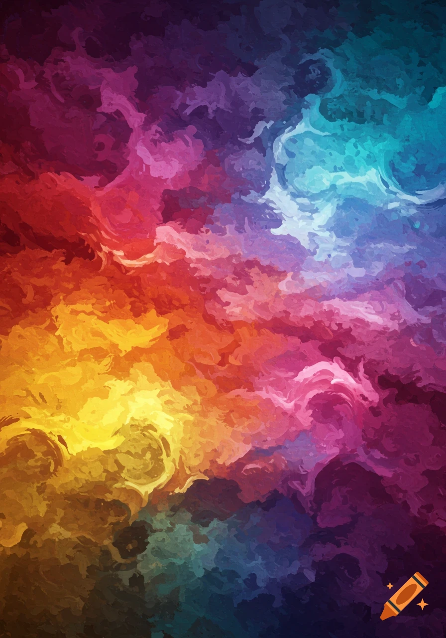 Abstract digital painting with swirling vibrant colors including red, orange, yellow, purple, and blue.
