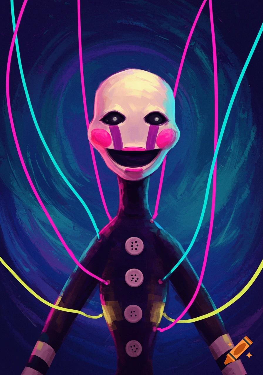 Stylized digital painting of a puppet character with pink cheeks and colorful wires attached to its body.