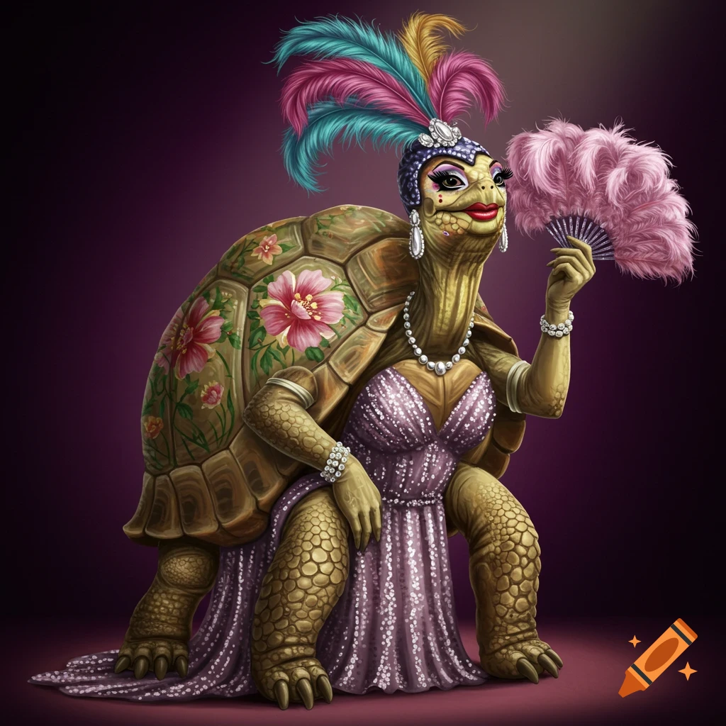 A tortoise dressed in a sparkly purple dress, feathered headdress, and makeup, holding a fan.