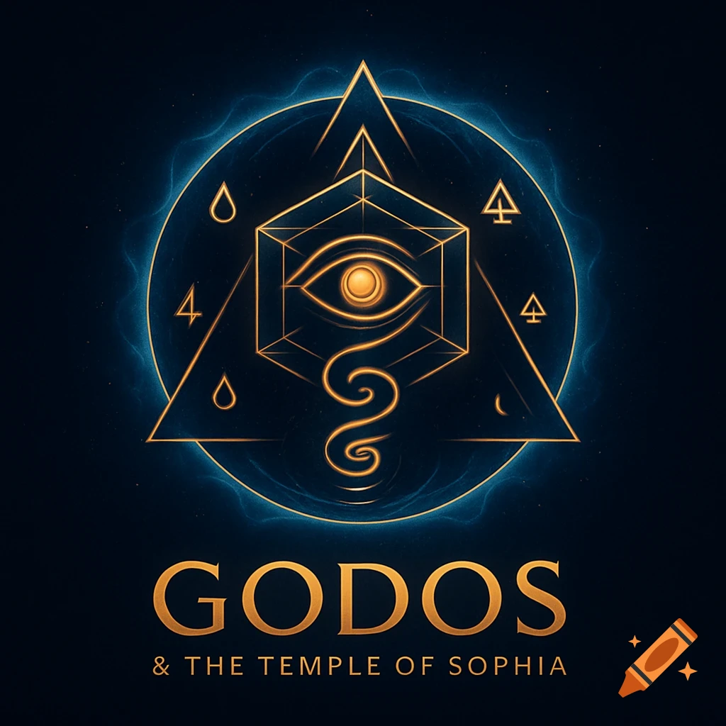 Sacred futuristic logo with an eye, geometry, and text.