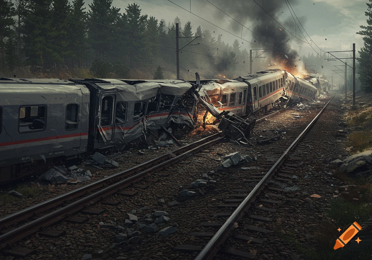 A wrecked train lies derailed on the tracks, with smoke and fire rising from the mangled cars.