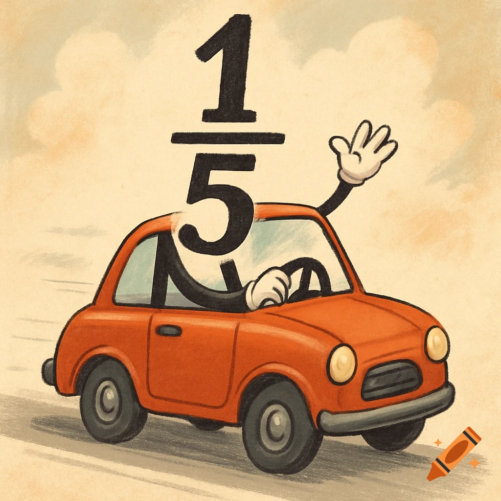 Cartoon fraction 1/5 driving a red car and waving