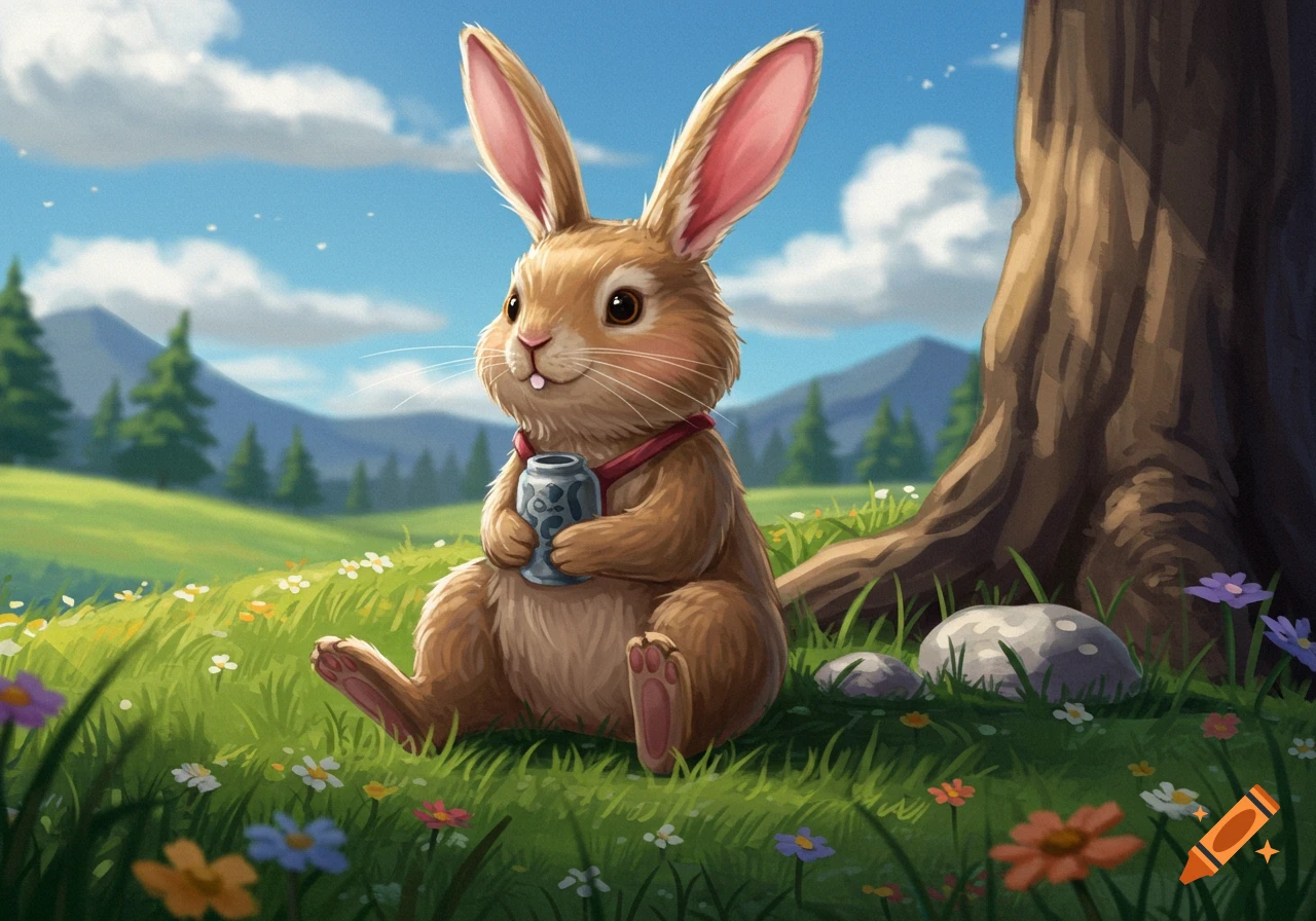 An illustration of a cute rabbit sitting in a grassy field filled with ...