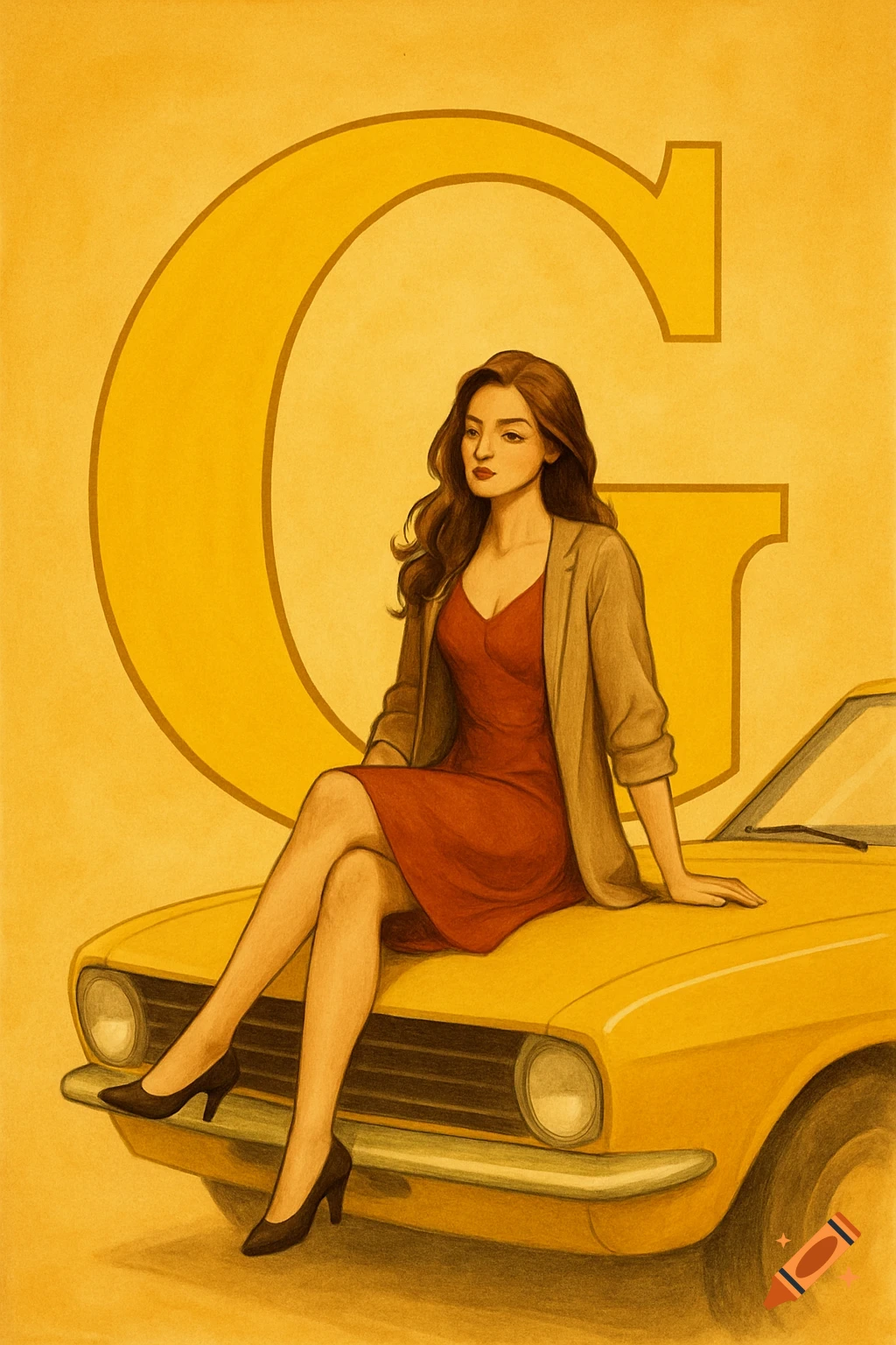 An illustration of a woman sitting on a yellow car in front of a large letter G.