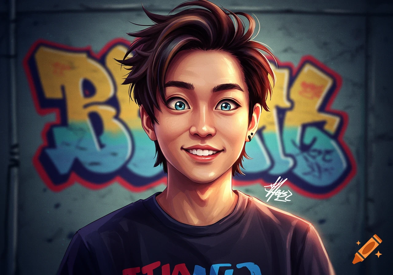 Stylized digital illustration of a young person smiling in front of a graffiti wall.