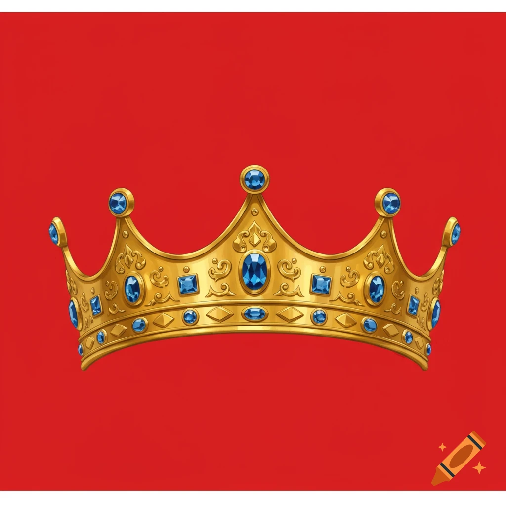 A golden crown with blue gems on a red background.