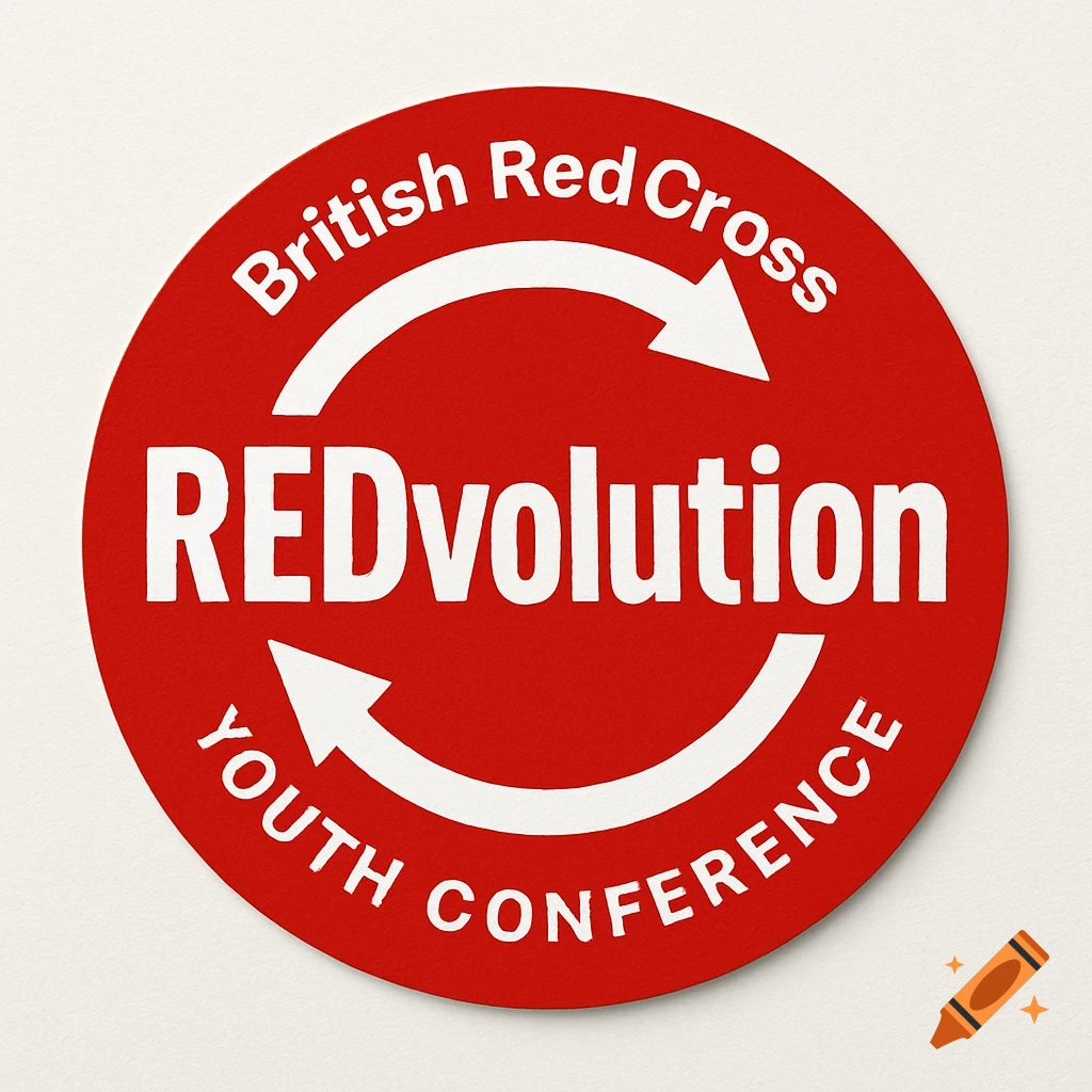 Round red sticker with British Red Cross REDvolution YOUTH CONFERENCE text and circular arrows.